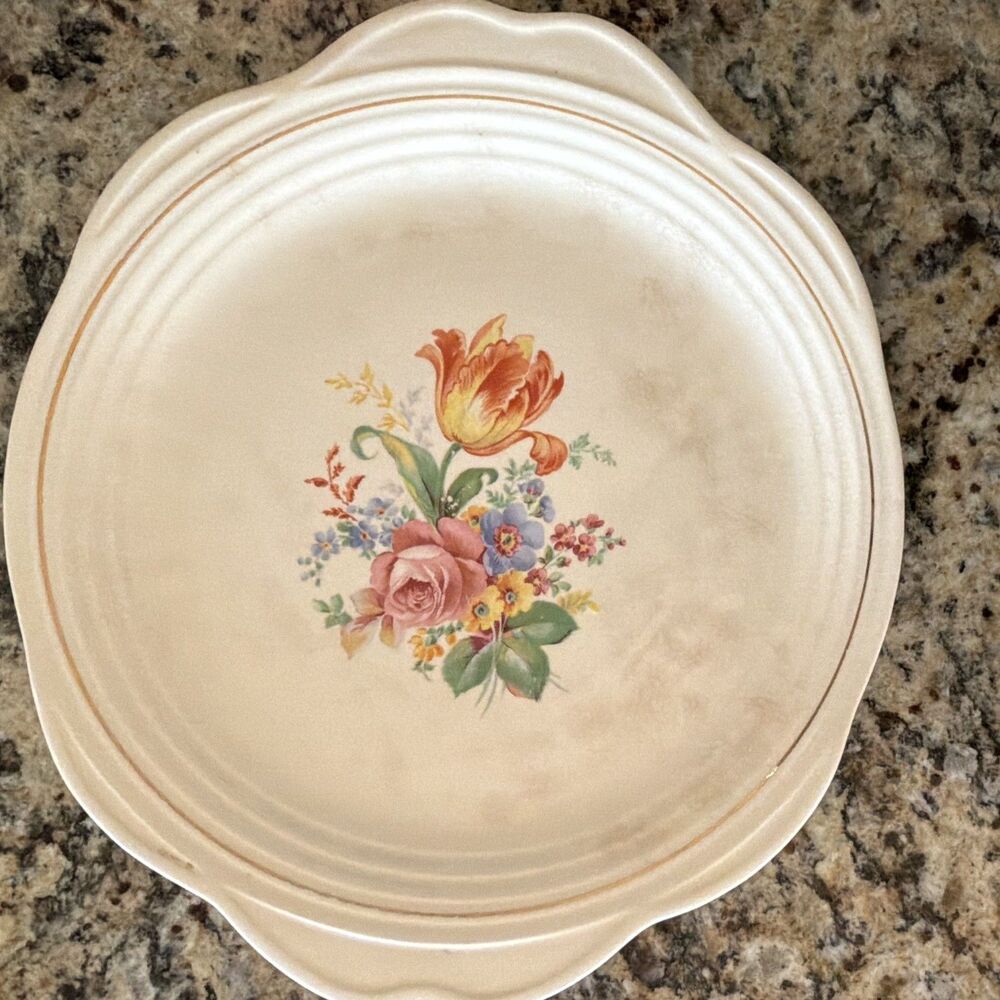 Universal-Cambridge Upico Ivory Floral Round Ceramic Platter Oven Safe 22k gold